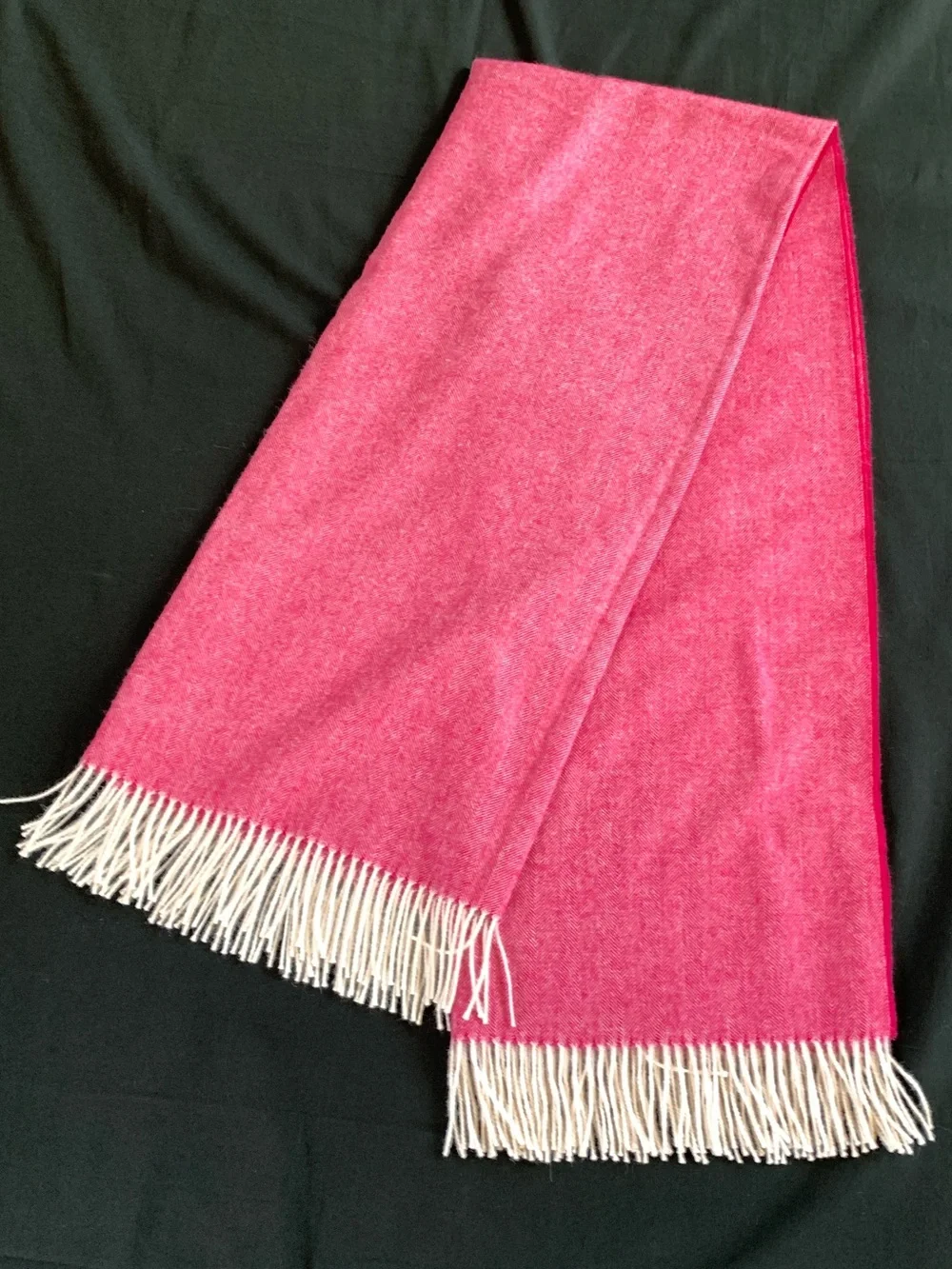 Soft Pink & Cream Herringbone Wool Blend Throw Blanket w/ Fringe 52.5”x67